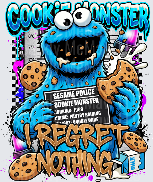 Cookie Monster I Regret Nothing Police Mugshot with Cookies and Milk DTF Transfer for Fabric