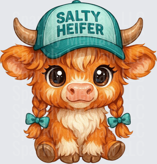 Salty Heifer Highland Cow with Braids and Trucker Hat