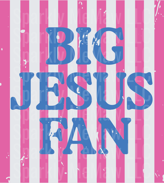 Big Jesus Fan Blue Text Pink White Striped Background Design