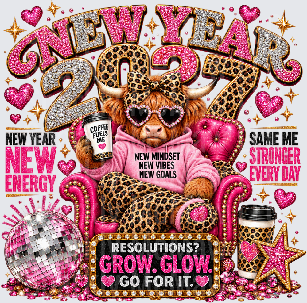 New Year 2027 Highland Cow DTF Transfer for Fabrics