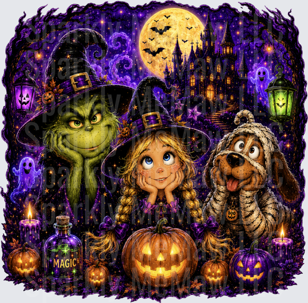 Grinch Halloween Witch Night this is a UV DTF Decal