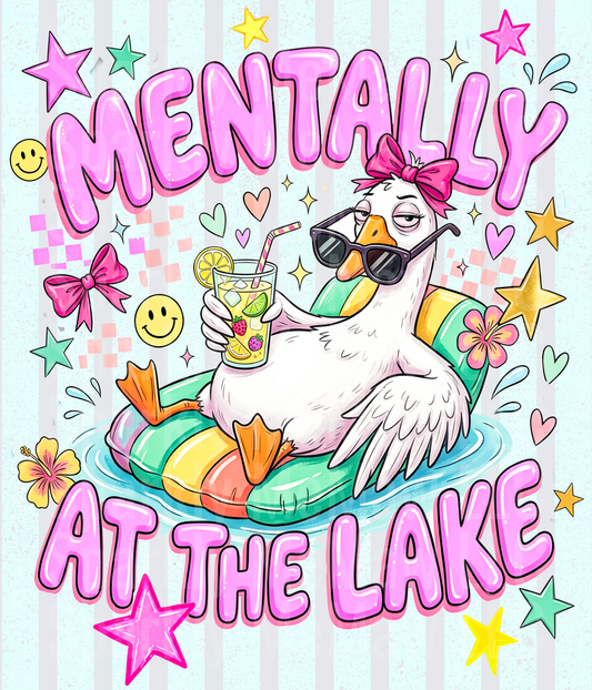 Mentally At The Lake Sassy Duck With Sunglasses and Pink Bow Floating On Pool Float Holding Cocktail DTF Transfer for Fabrics