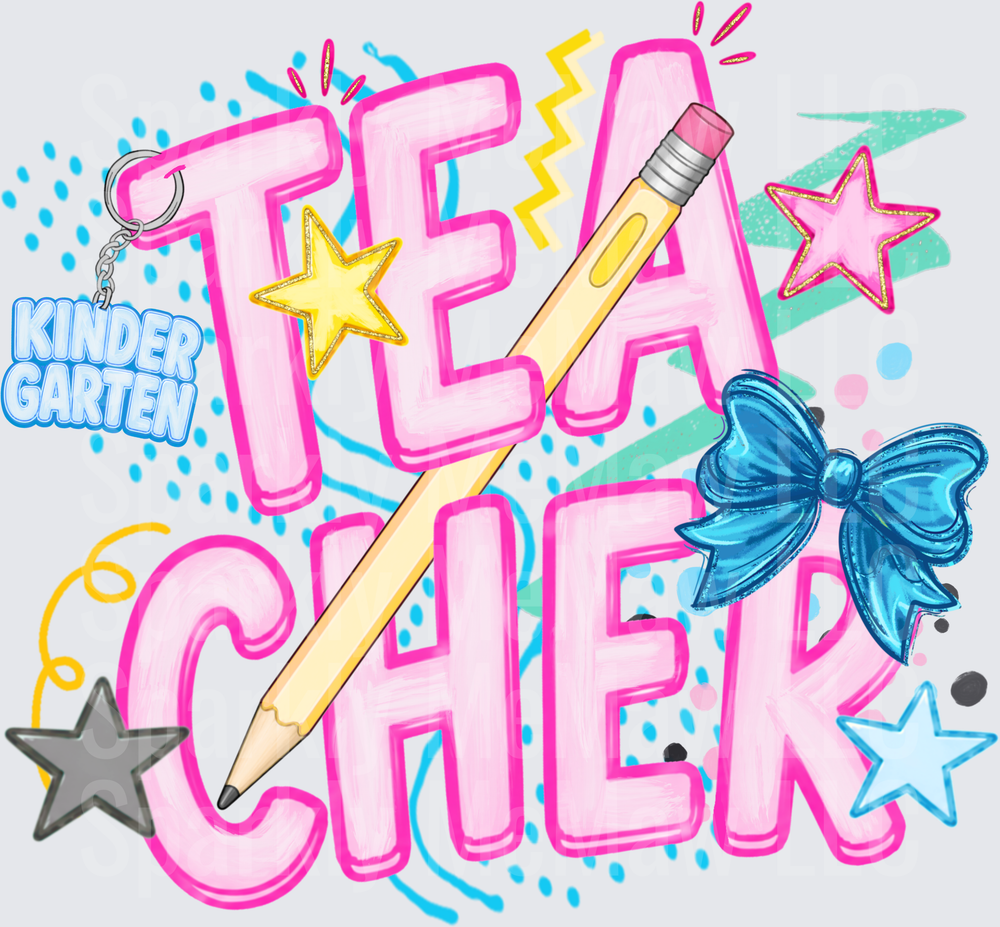 Kindergarten Teacher Pink Letters with Pencil Stars and Bow DTF Transfer for Fabric