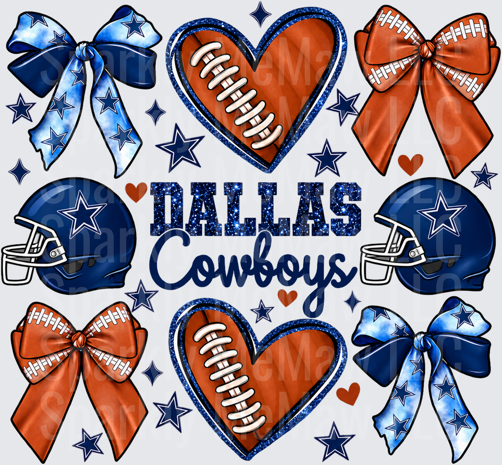 Dallas Cowboys Glitter Bows Hearts DTF Transfer for Fabrics