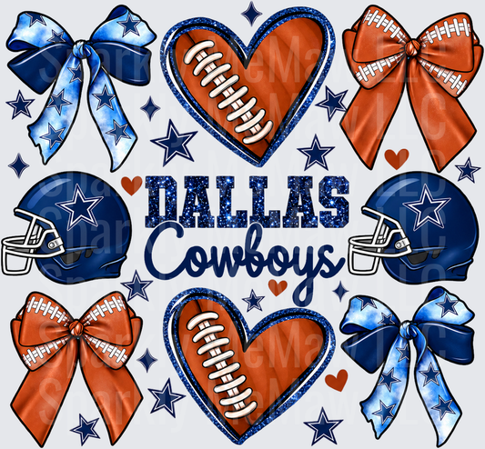 Dallas Cowboys Glitter Bows Hearts DTF Transfer for Fabrics