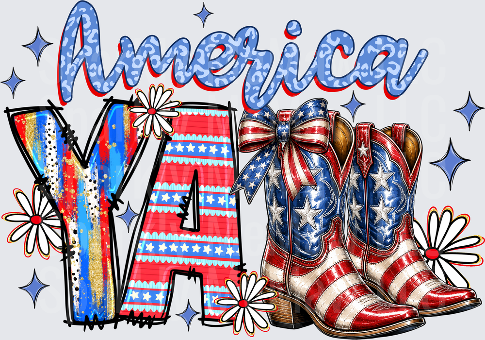 YA America Patriotic Cowboy Boots with Stars and Stripes Bow and Daisy Flowers Red White and Blue Fourth of July DTF Transfer for Fabrics