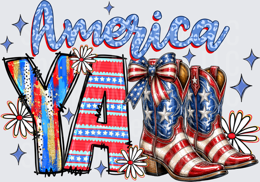 YA America Patriotic Cowboy Boots with Stars and Stripes Bow and Daisy Flowers Red White and Blue Fourth of July DTF Transfer for Fabrics