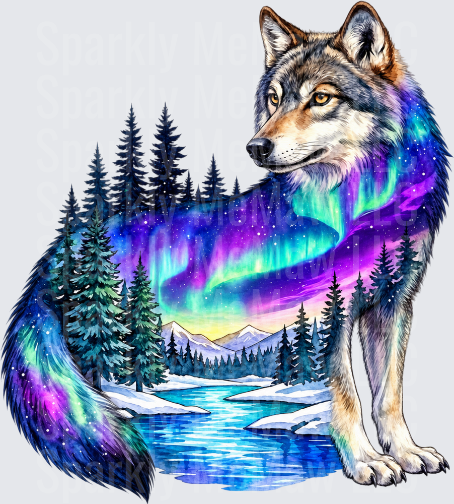 Majestic Wolf Aurora Borealis Scene is a DTF Transfer for Fabrics