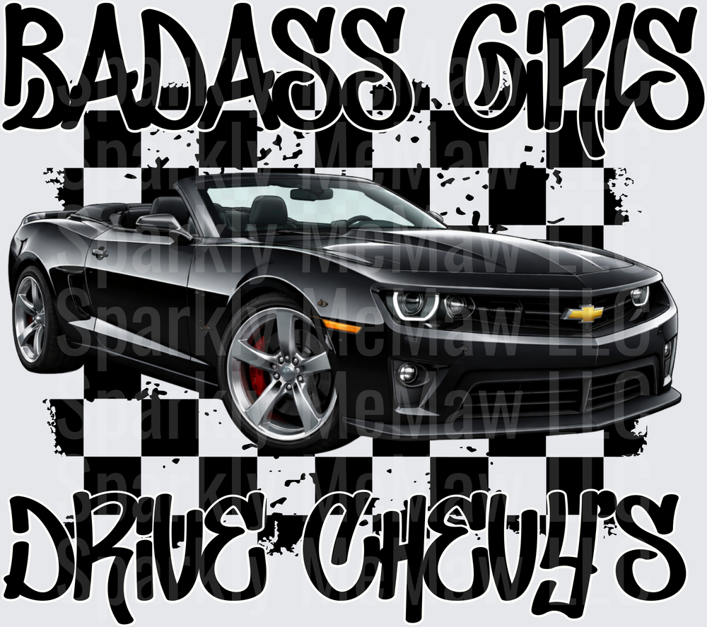 Badass Girls Drive Chevys Black Camaro Convertible Racing Design UV DTF Decal