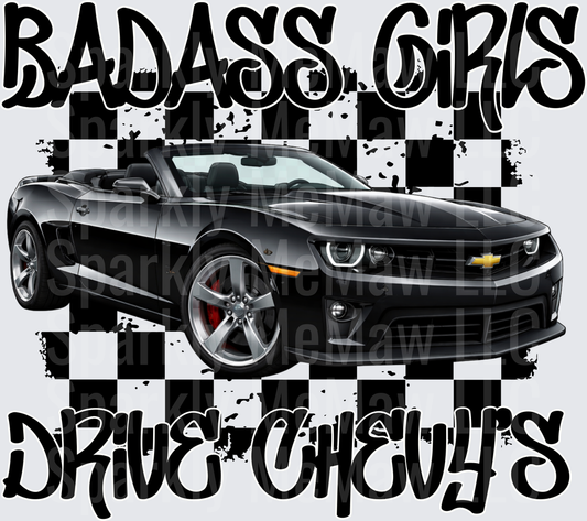 Badass Girls Drive Chevys Black Camaro Convertible Racing Design UV DTF Decal