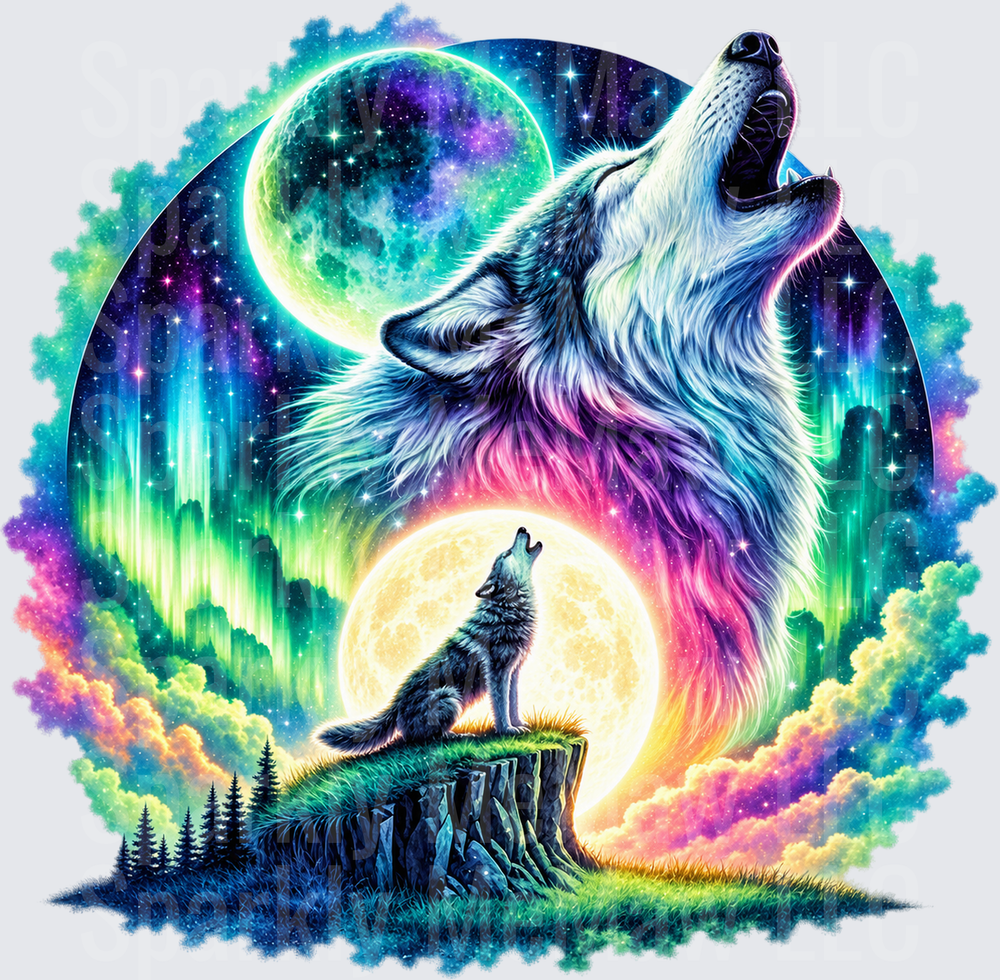 Howling Wolf Aurora Moon UV DTF DECAL (HARD SMOOTH SURFACE)