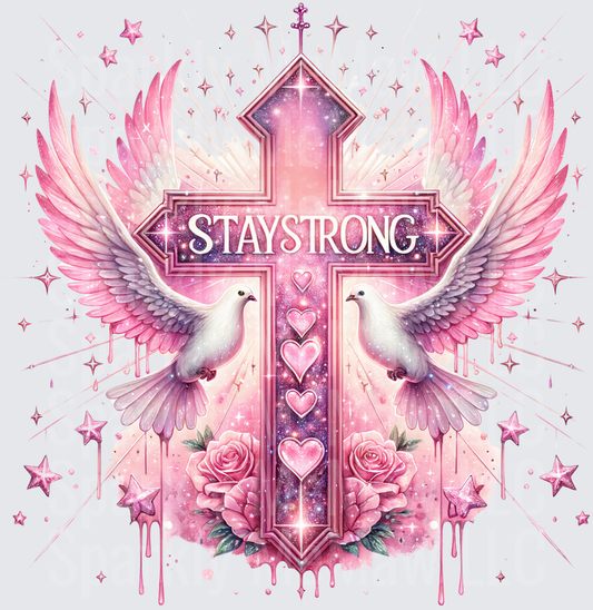 Stay Strong Pink Cross with Angel Wings Hearts and Roses UV DTF Decal