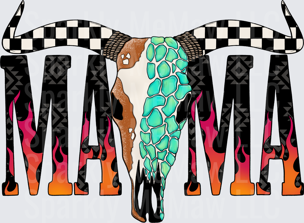 MAMA Bull Skull with Checkered Horns Turquoise and Cowhide Pattern