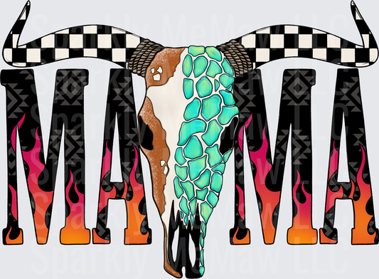 MAMA Bull Skull with Checkered Horns Turquoise and Cowhide Pattern