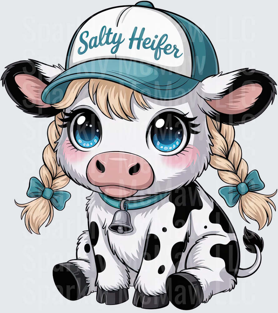 Salty Heifer Cute Cow with Baseball Cap and Braided Pigtails