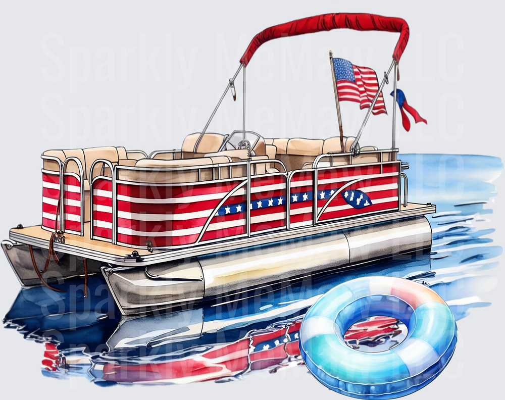 Patriotic Pontoon Boat with American Flag and Floating Ring UV DTF Decal
