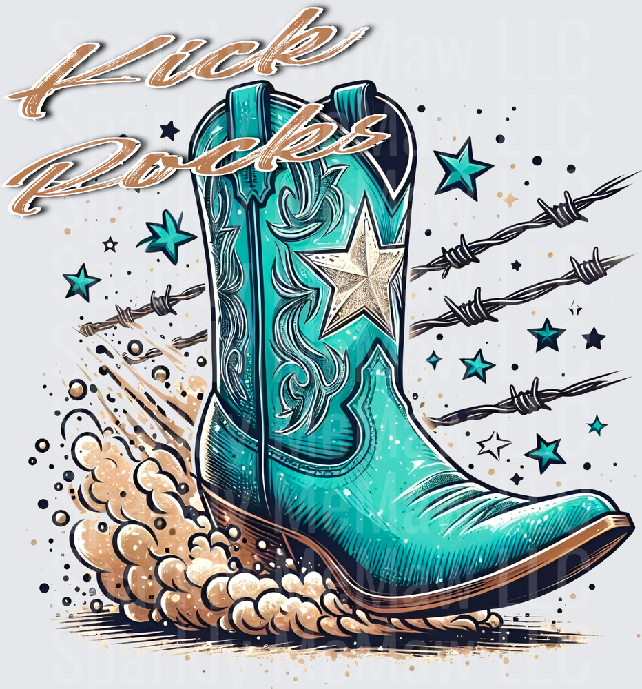 Kick Rocks Turquoise Cowboy Boot with Star and Barbed Wire UV DTF Decal
