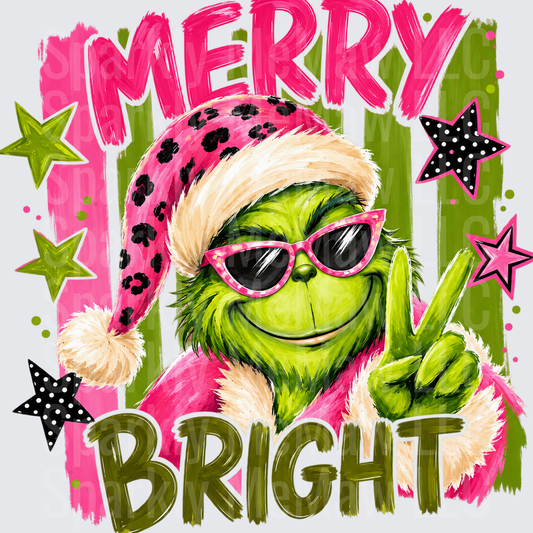 Grinch Merry Bright Pink Christmas UV DTF Decal