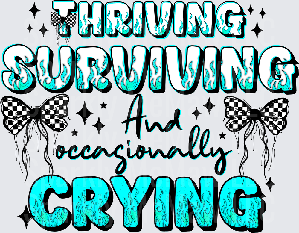 Thriving Surviving And Occasionally Crying Quote with Checkered Butterflies