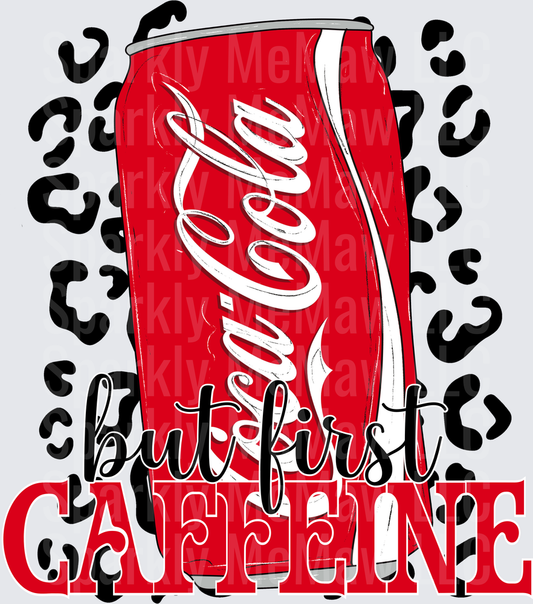Coca-Cola Can But First Caffeine Leopard Print Design UV DTF Decal