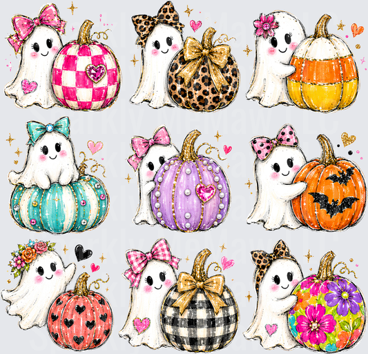 Cute Girly Halloween Ghost and Pumpkin Collection Pink Leopard Floral Bow Bundle UV DTF 10x10 element sheet