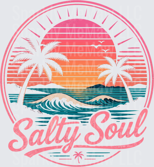 Salty Soul Retro Beach Sunset with Palm Trees and Ocean Waves UV DTF Decal