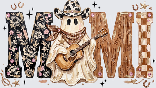 UV DTF Decal Western Cowboy Ghost Playing Guitar MIMI Letters with Floral Cactus Checkered Design Pink Rhinestones Horseshoes Sheriff Star