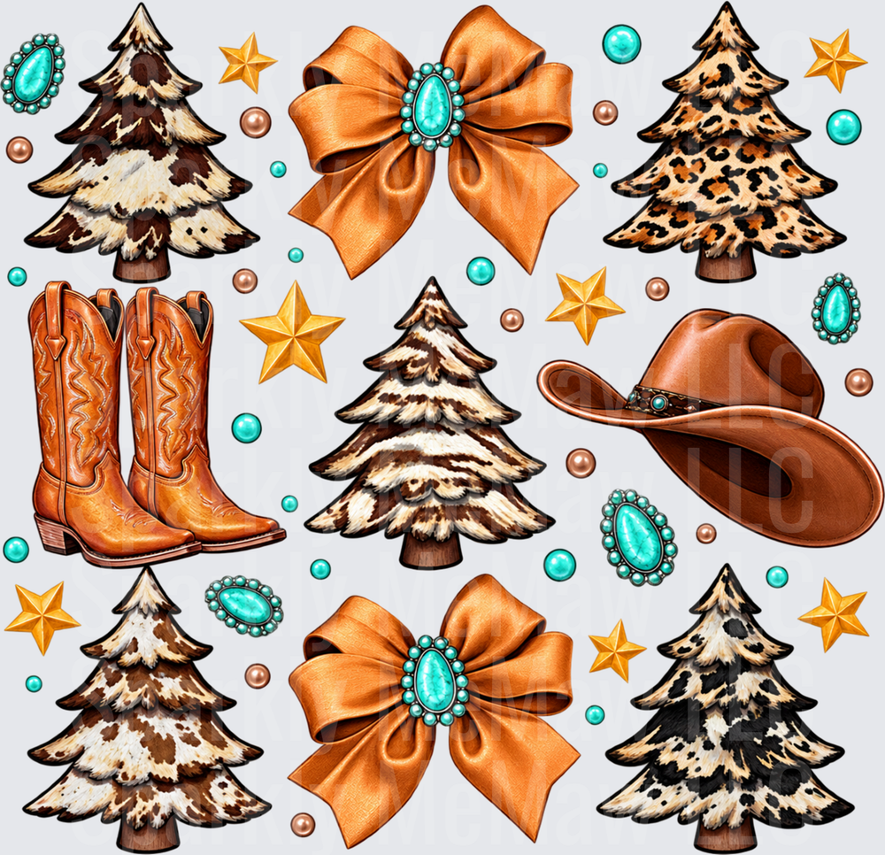 Western Christmas Trees Cowhide Leopard DTF Transfer for Fabrics