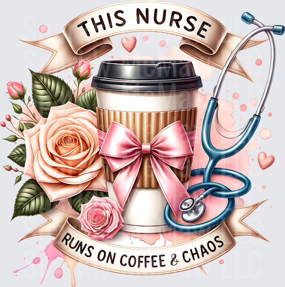 This Nurse Runs On Coffee and Chaos Stethoscope Roses Banner UV DTF Decal
