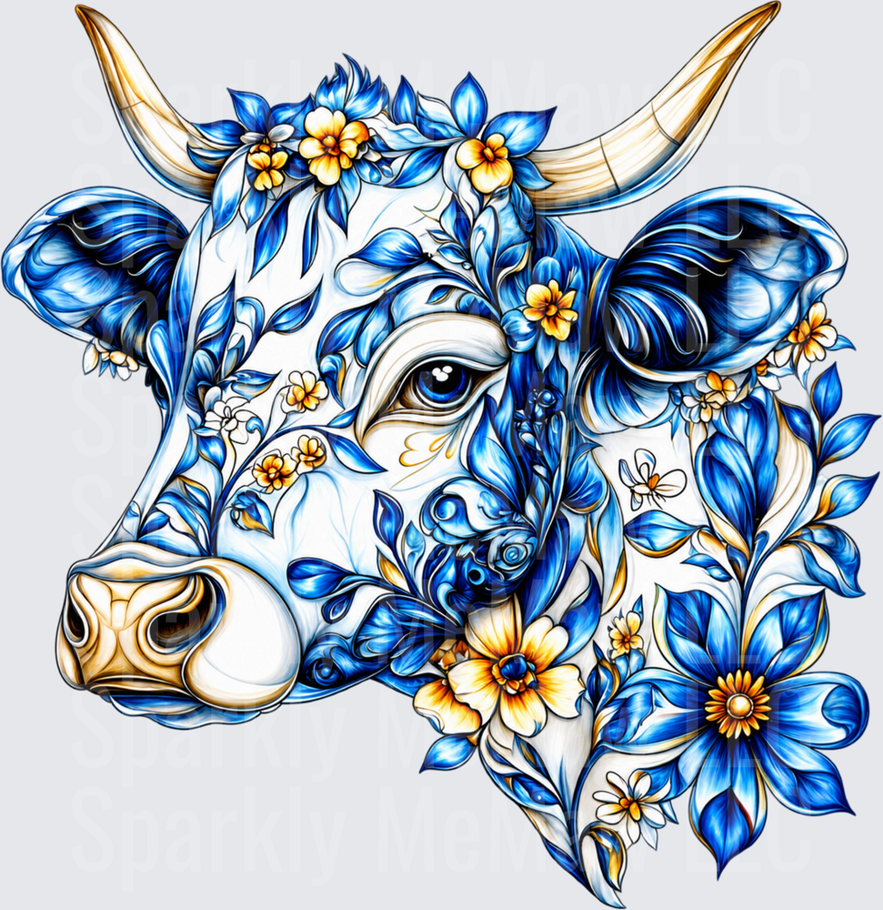Blue Floral Cow Portrait UV DTF Decal