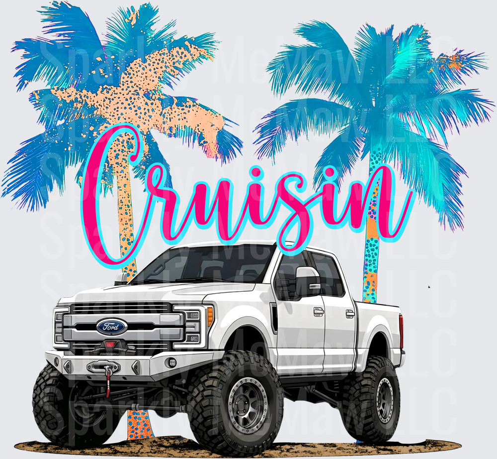 Cruisin White Ford Lifted Truck with Leopard Print Palm Trees UV DTF Decal