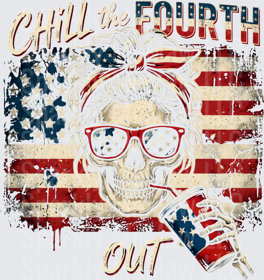 Chill the Fourth Out Patriotic Skull with Messy Bun and Red Glasses UV DTF Decal