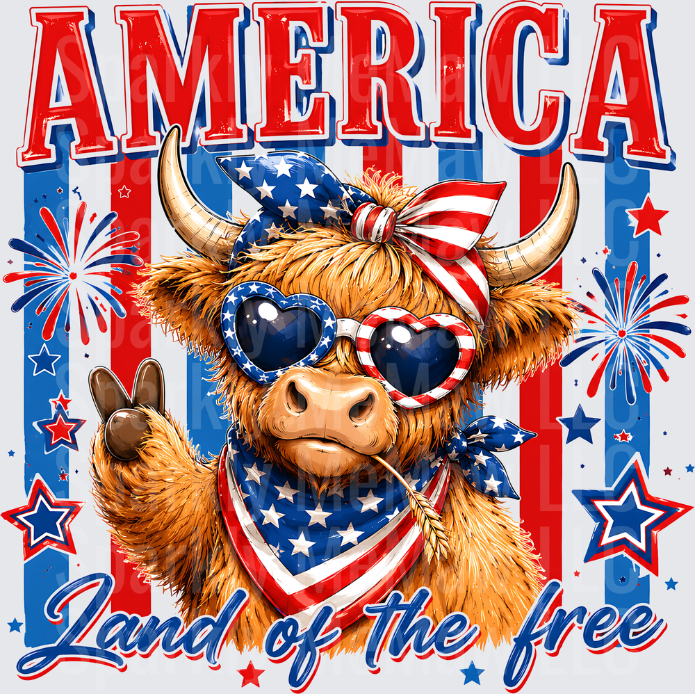 Patriotic Highland Cow with American Flag Sunglasses and Bandana Land of the Free America Fourth of July DTF Transfer for Fabric