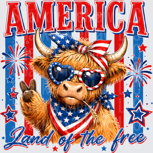 Patriotic Highland Cow with American Flag Sunglasses and Bandana Land of the Free America Fourth of July DTF Transfer for Fabric