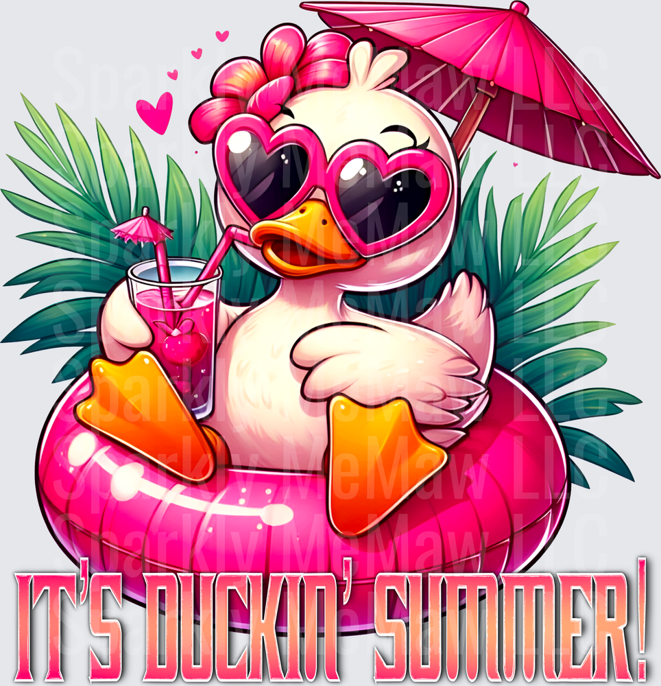 Cute Duck in Pink Heart Sunglasses Pool Float Summer Vibes It's Duckin' Summer UV DTF Decal