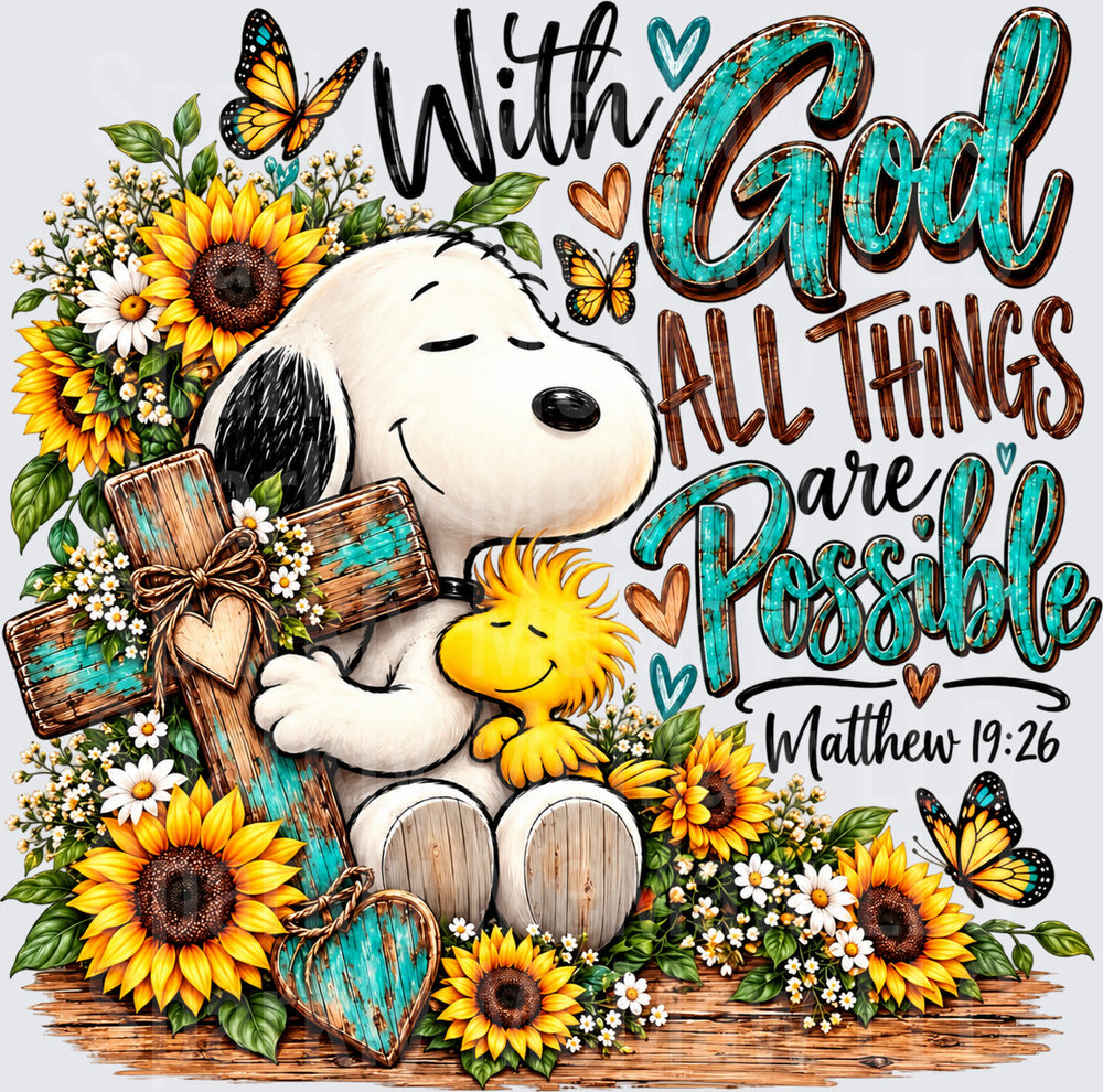 Snoopy With God Matthew 19:26 UV DTF DECAL (HARD SMOOTH SURFACE)