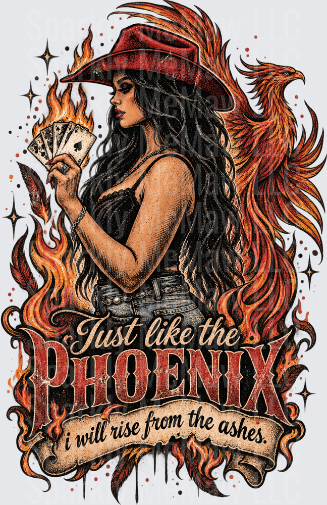 Cowgirl Phoenix Rise Ashes this is a UV DTF Decal