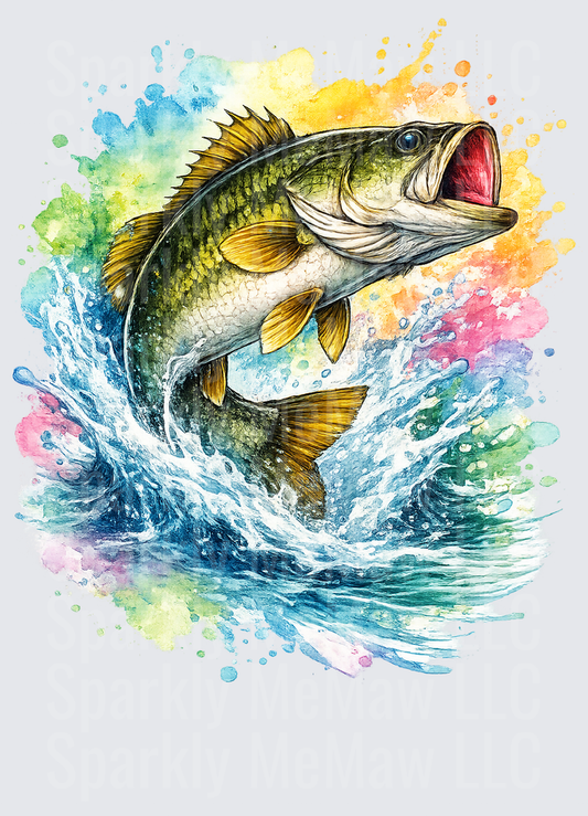 Largemouth Bass Jumping Water Splash Watercolor UV DTF Decal