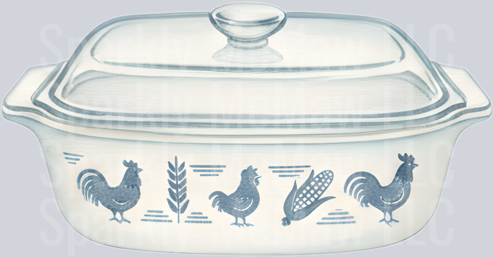 Blue Farmhouse Roosters Wheat and Corn Casserole Dish UV DTF Decal