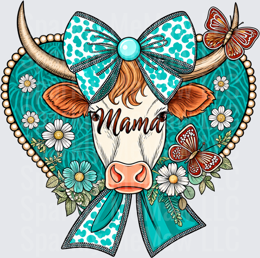 Mama Cow Teal Heart DTF Transfer for Fabrics
