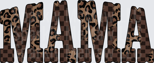 MAMA Letters in Brown Leopard Print and Checkered Pattern DTF Transfer for Fabric