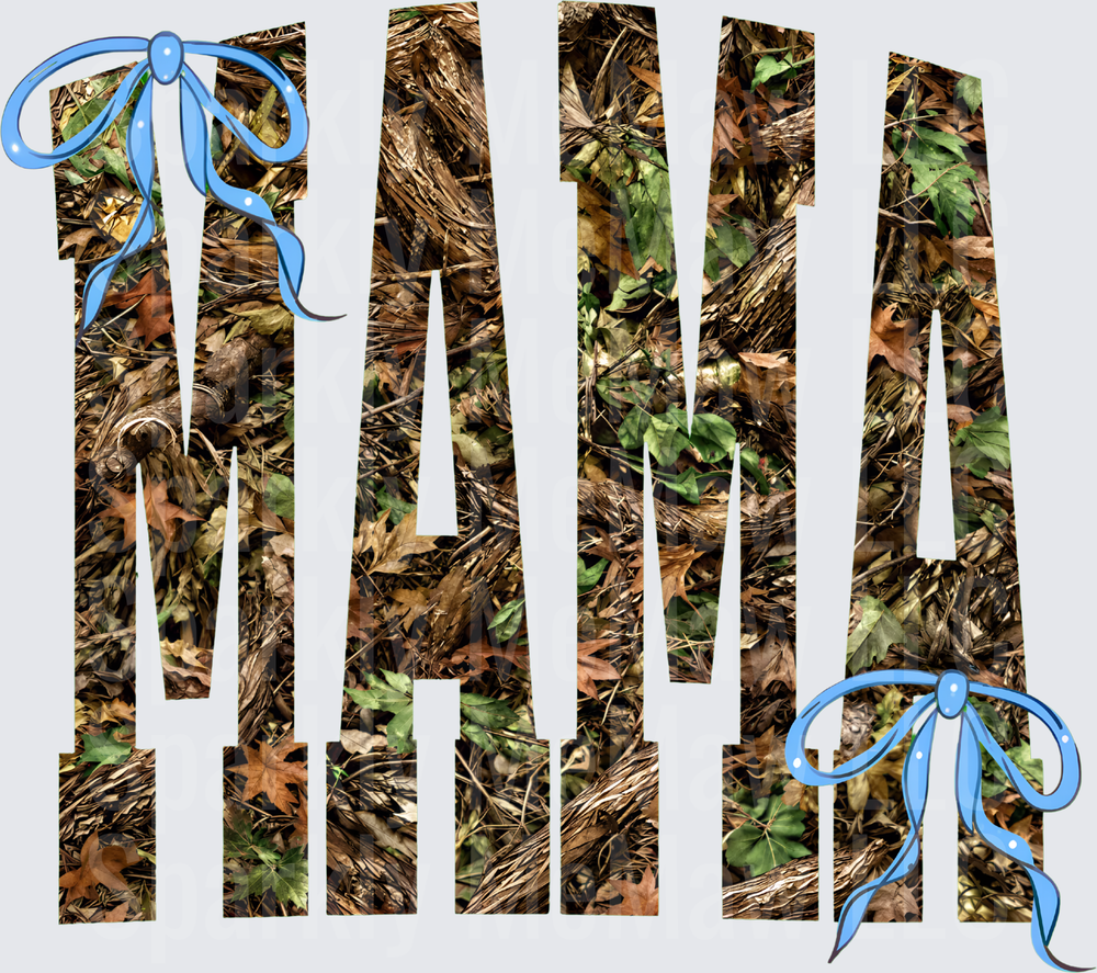 Mama Camo Woodland Print Letters with Blue Ribbon Bows UV DTF Decal