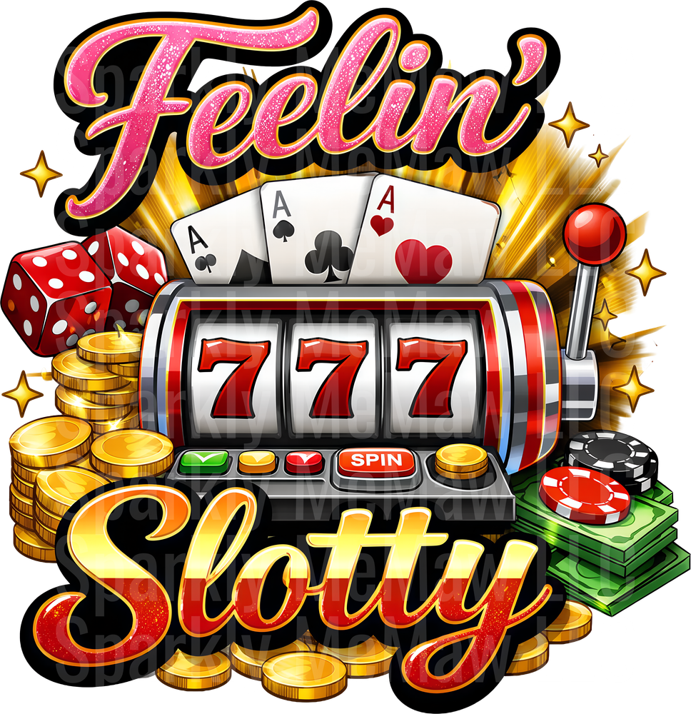 Feelin' Slotty Casino Slot Machine with Dice Cards and Chips UV DTF Decal