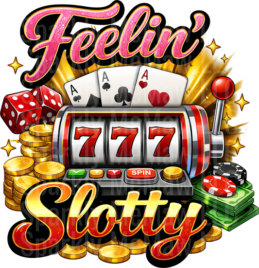 Feelin' Slotty Casino Slot Machine with Dice Cards and Chips UV DTF Decal