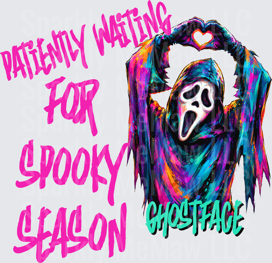 Patiently Waiting For Spooky Season Ghostface Making Heart Hands Colorful Halloween DTF Transfer