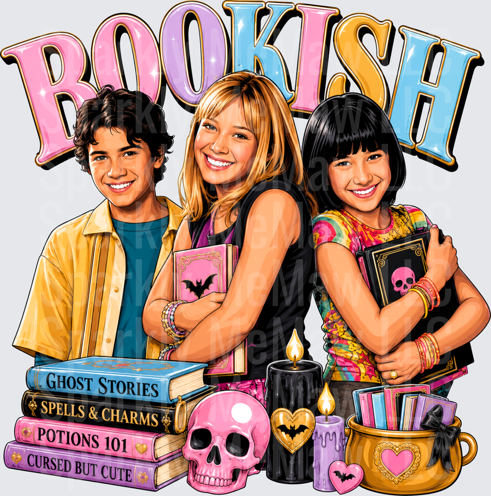 Bookish Spooky Teen Trio with Ghost Stories Spells Potions Cursed Books Pink Skull Candles Witchy Design DTF Transfer for fabrics