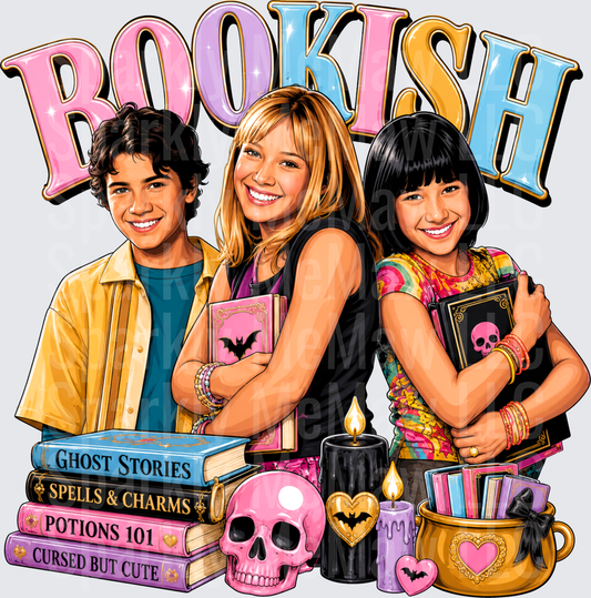 Bookish Spooky Teen Trio with Ghost Stories Spells Potions Cursed Books Pink Skull Candles Witchy Design DTF Transfer for fabrics