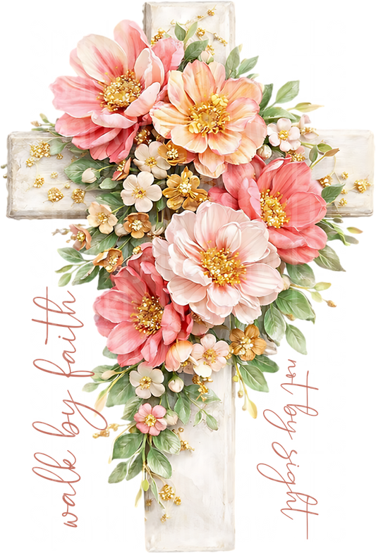 Watercolor Floral Cross with Pink Coral Blooms UV DTF Decal