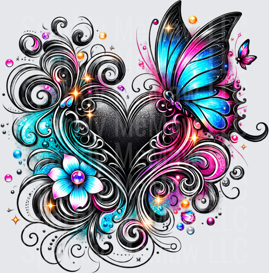 Glitter Heart Butterfly Swirl UV DTF Decal