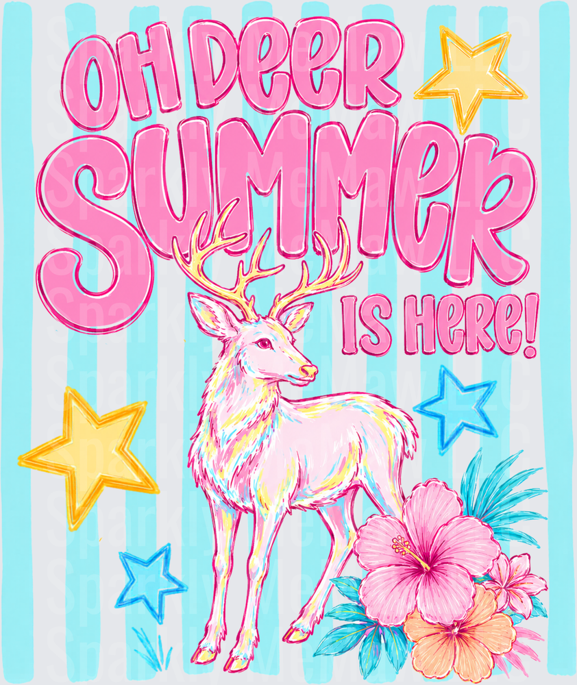 Oh Deer Summer Is Here DTF Transfer for Fabric with Tropical Deer Stars and Hibiscus Flowers on Striped Background